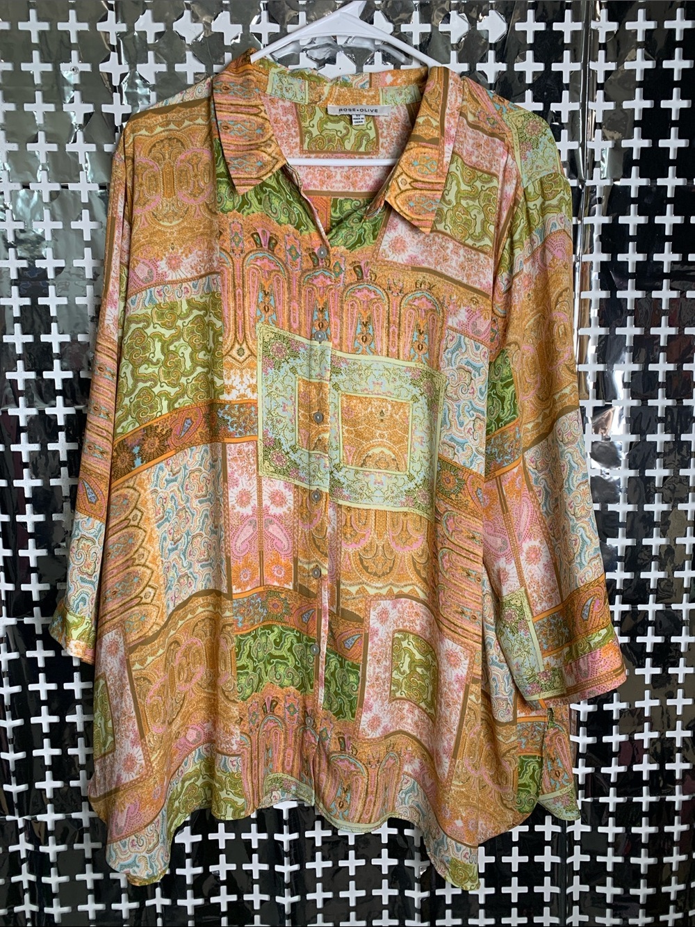 Rose & Olive Paisley Patchwork Button-Down Shirt - Pink Green Tan